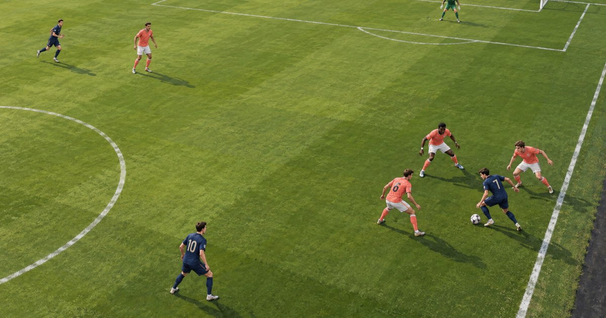 An overhead editorial illustration of coral-shirted defenders surrounding a navy ball carrier near the touchline.