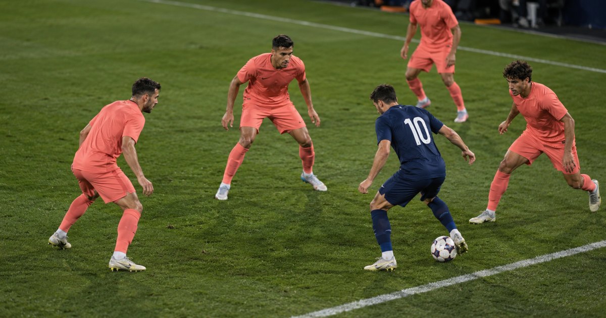 Players in coral kits close down a navy-shirted ball carrier near the touchline.